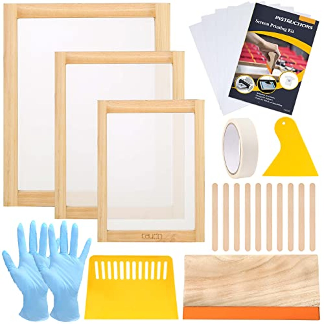24 Pieces Screen Printing Kit, Include 3 Sizes Wood Silk Screen Printing Frame with 110 Mesh, Screen Printing Squeegees, Transparency Inkjet Film, Masking Tape